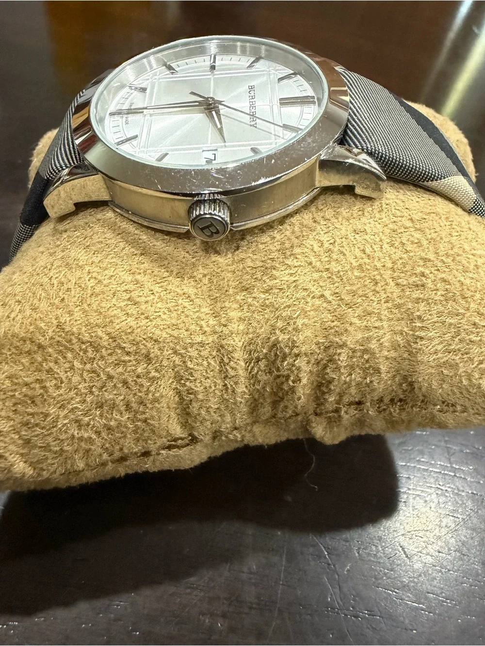 Burberry Silver Dial Watch with Gray and Black Check Strap